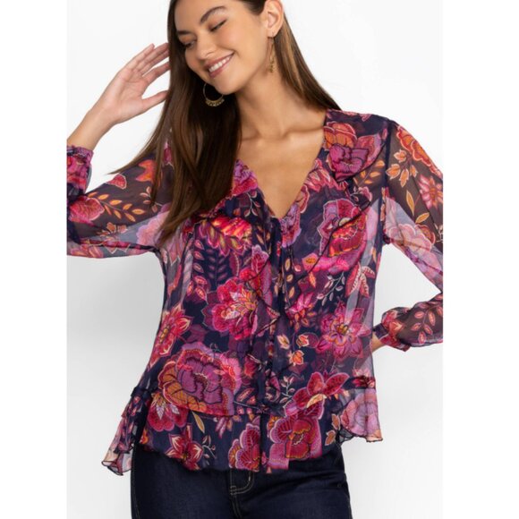 NEW JOHNNY WAS Kiko 100% SILK RuffleBlouse$270 RETAIL 2511 3T8